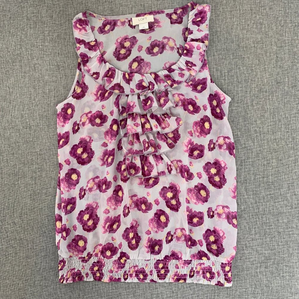 LOFT Cute Floral Ruffled Sleeveless Top Purple & Gray‎ XS Boat Neck Lightweight